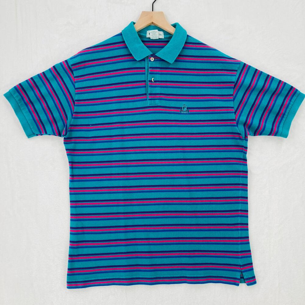 Vintage Izod Polo Shirt Mens Large Green Striped Cotton Blend USA Made Preppy - Picture 1 of 10